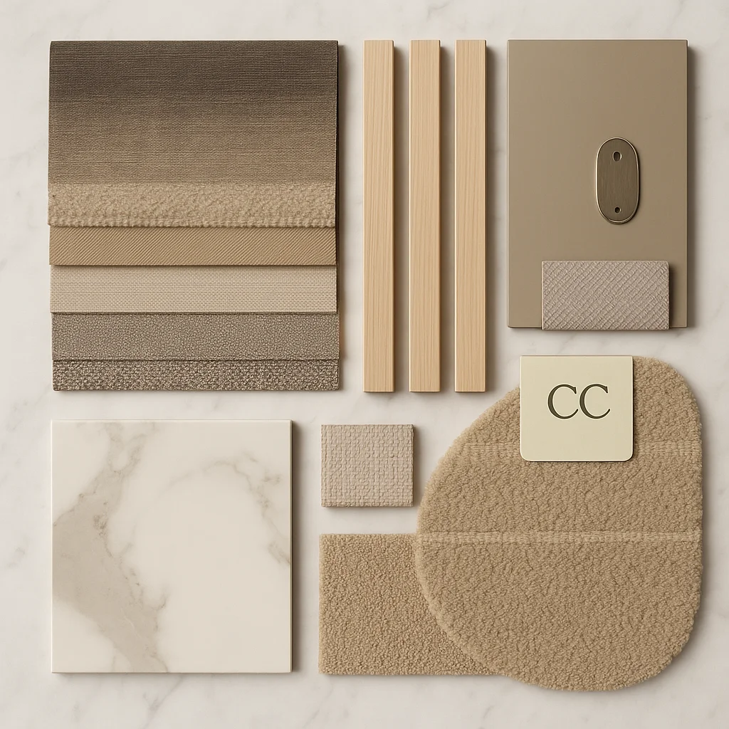 Interior Design material mood board with neutral fabrics and wood samples for modern luxury interiors.